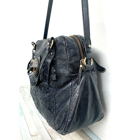 Elliott Lucca WOVEN BLACK GENUINE LEATHER ZIP TOP SHOULDER BAG HANDBAG HOBO TOTE - Picture 3 of 10